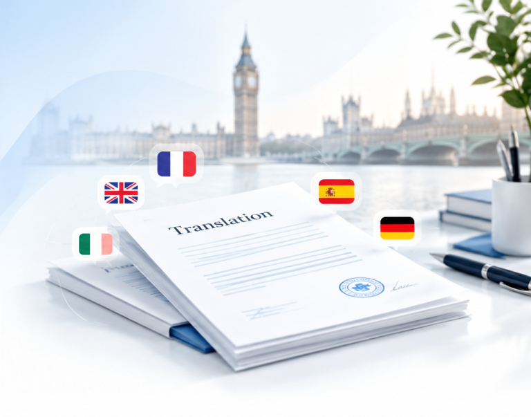 Illustration of translated documents and London skyline