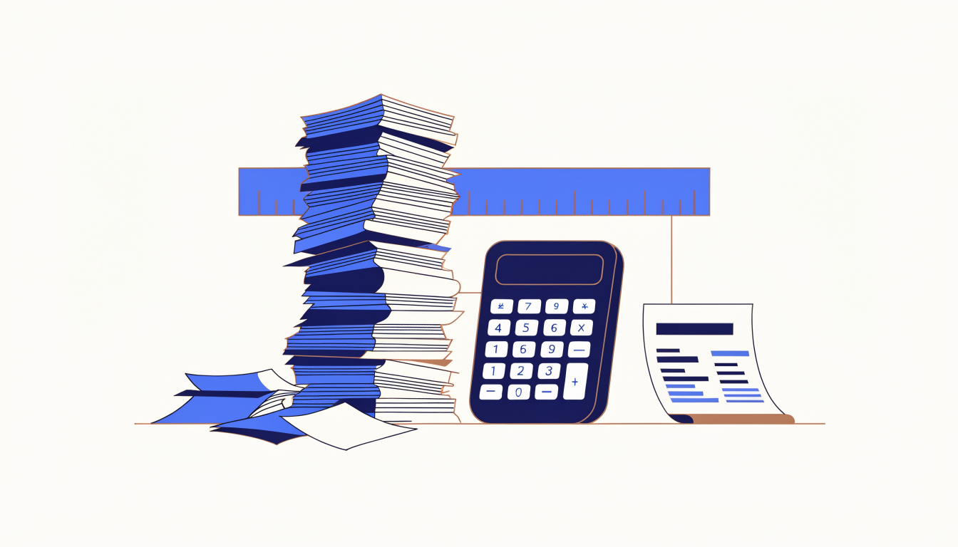 Illustration of translation documents with a calculator representing pricing factors