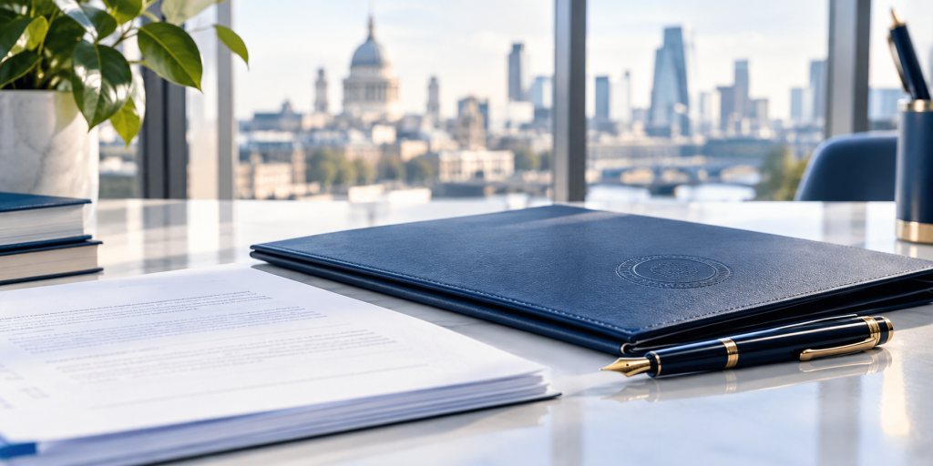 Professional business documents on a London office desk